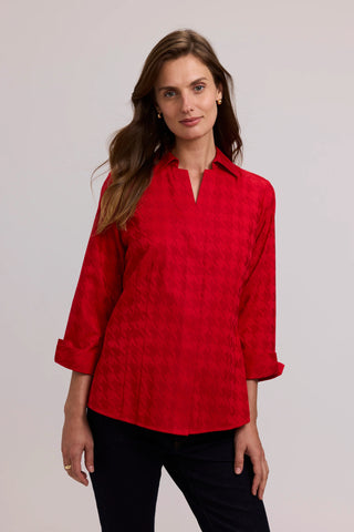 Foxcroft Taylor Houndstooth 3/4 Sleeve Shirt Red