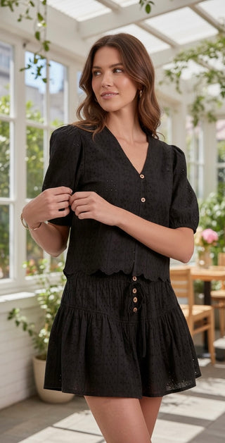 Elan black eyelet tie top