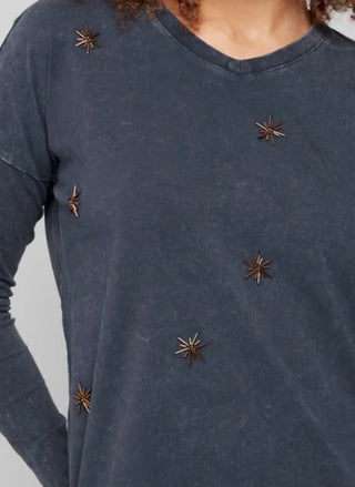 CharlieB Beaded vintage wash vneck knit top