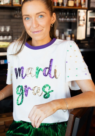 Mardi Gras White tee with beaded sleeve