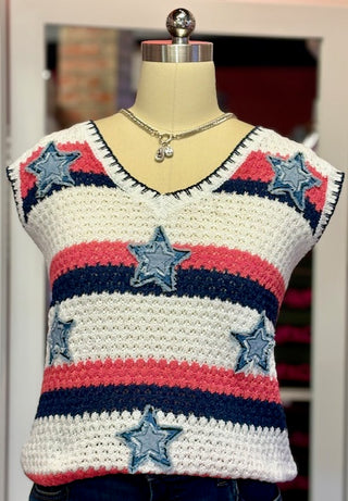 Crochet Vneck with patriotic patches