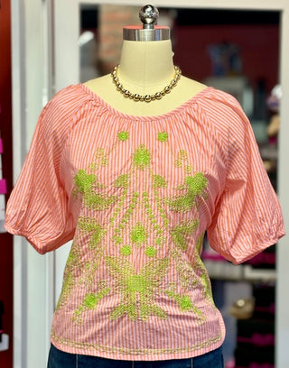Ivy Jane Striped Embroidered pink top