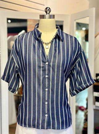 KUT Brenda Button Front Top Indigo White