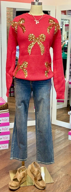 Red Christmas Bow Sequin Sweater