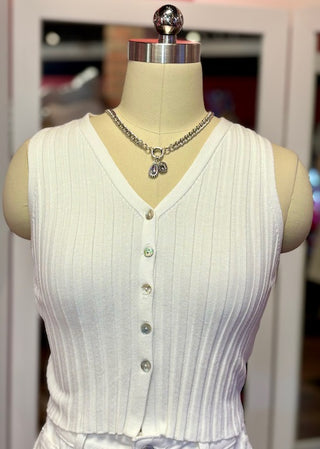 V-Neck Button Front Tank White