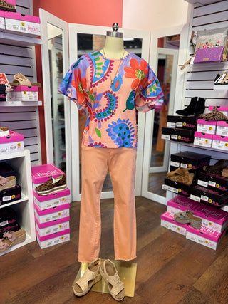 Shoulder Pleated Blouse Hibiscus