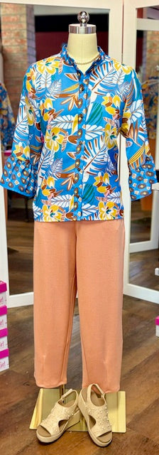 Joy Joy Flutter Sleeve Top Tropical Palm