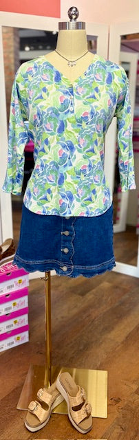 V-Neck Button Up Blue Pink Green