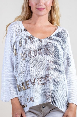 Gigi Moda white knit sweater with gold letters