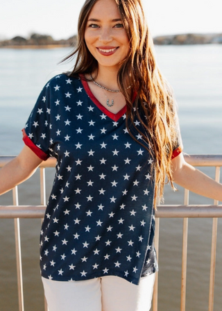 Patriotic vneck tee with Blue and White Stars