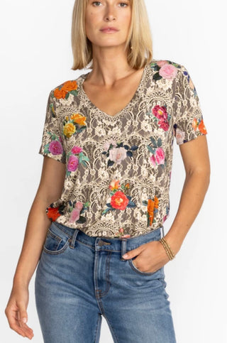 Johnny Was Rose Lace Favorite Short Sleeve V-neck swing Tee