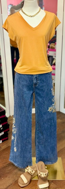 CharlieB Flower Sequin Jean Med Blue