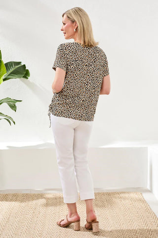 Tribal Crew Neck Side Ruche Sleeve Sesame